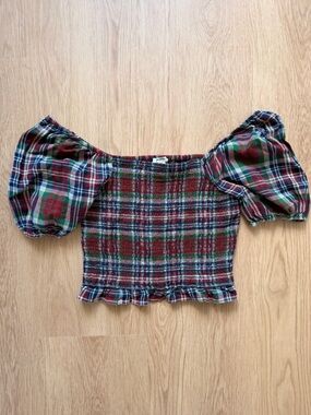 Plaid Smocked Top with Puff Sleeves - Red Multi